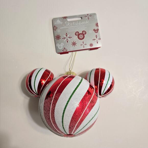 Disney Sketchbook Mickey Mouse Icon Peppermint Glass Ball Hanging Ornament NWT - Picture 1 of 7